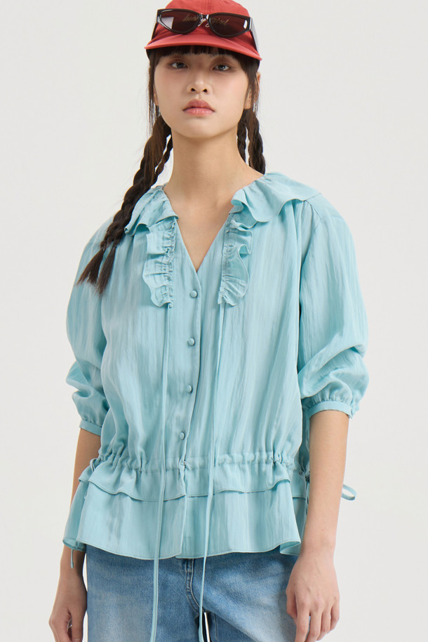 LUCKY CHOUETTE - 블라우스 - Full Open Frill Half Sleeve Blouse (blue)