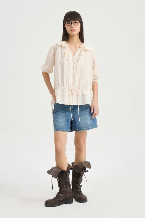 LUCKY CHOUETTE - 블라우스 - Full Open Frill Half Sleeve Blouse (ivory)