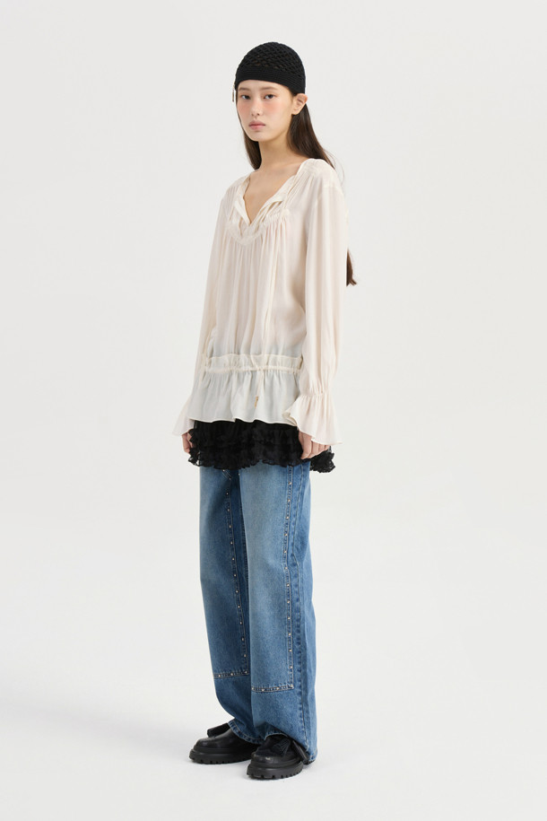 LUCKY CHOUETTE - 블라우스 - [Atelier] Shirring Point Long Sleeve Blouse (ivory)