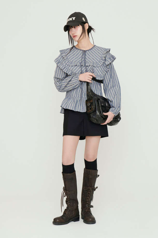 LUCKY CHOUETTE - 블라우스 - Frill Point Stripe Long Sleeve Blouse (blue)