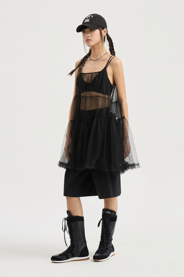 LUCKY CHOUETTE - 블라우스 - Shirring Mesh Top Blouse (black)