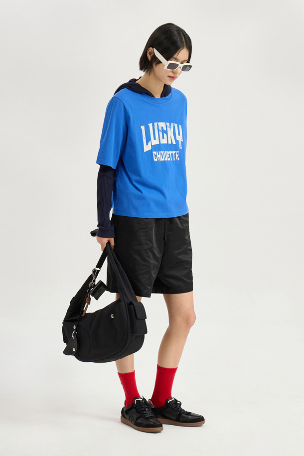 LUCKY CHOUETTE - 반소매 티셔츠 - Lucky Lettering Loose Fit Half Sleeve T-shirt (blue)