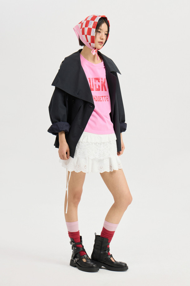 LUCKY CHOUETTE - 반소매 티셔츠 - Lucky Lettering Loose Fit Half Sleeve T-shirt (pink)