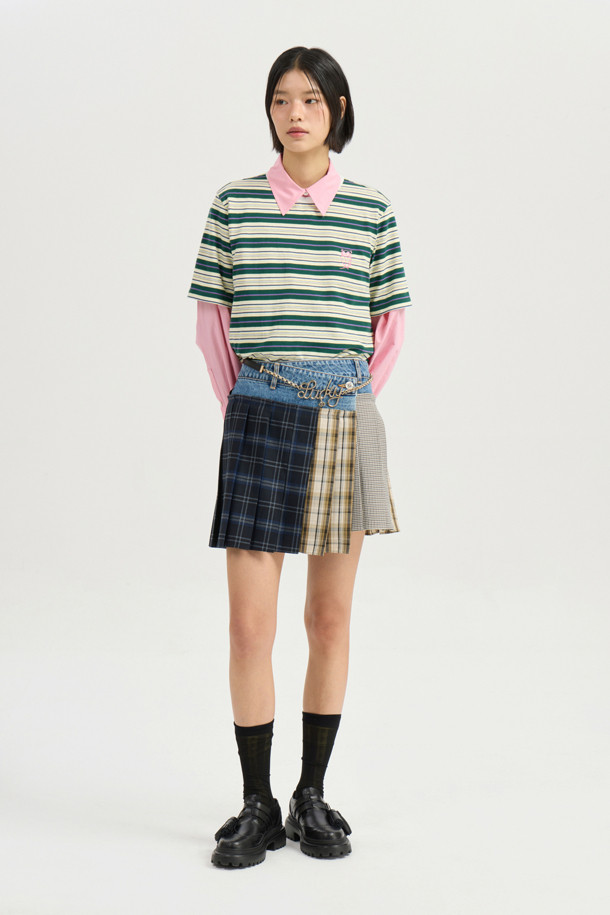 LUCKY CHOUETTE - 반소매 티셔츠 - Embroidery Point Stripe Half Sleeve T-shirt (green)