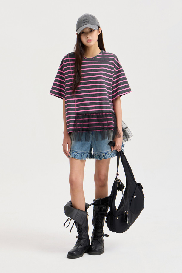 LUCKY CHOUETTE - 반소매 티셔츠 - Mesh Stripe Half Sleeve T-shirt (dark grey)