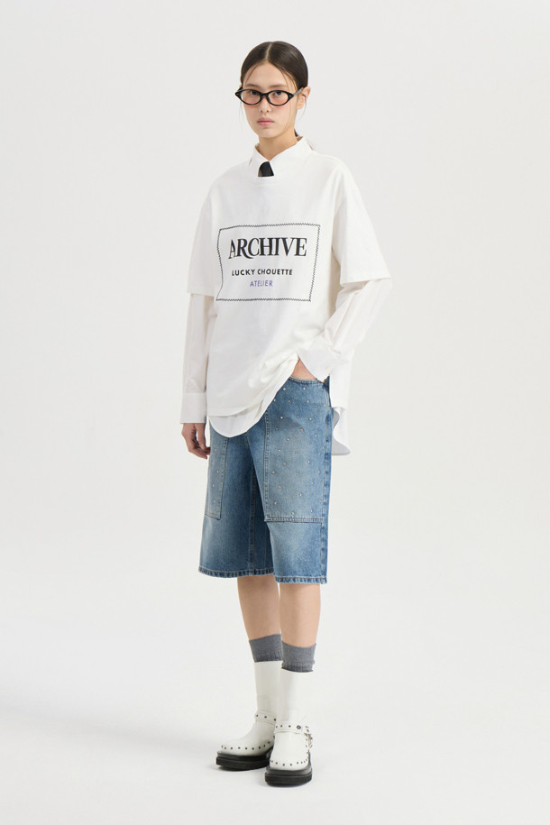 LUCKY CHOUETTE - 반소매 티셔츠 - [Atelier] Lettering Point Half Sleeve T-shirt (ivory)