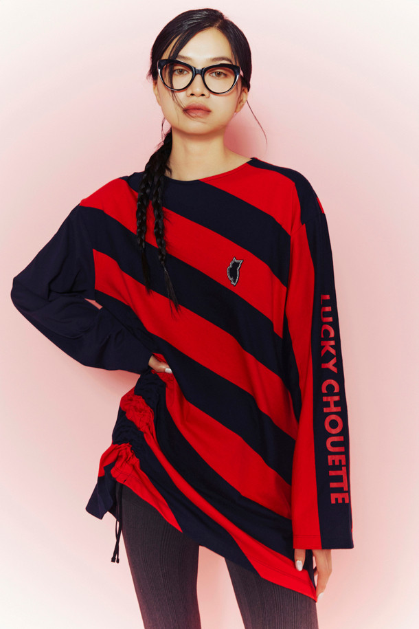 LUCKY CHOUETTE - 긴소매 티셔츠 - [Holiday Edition] Stripe Solid MIX Long Sleeve T-shirts (red)