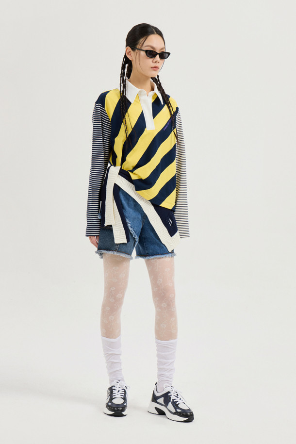 LUCKY CHOUETTE - 긴소매 티셔츠 - Stripe Mix Collar Long Sleeve T-shirt (yellow)