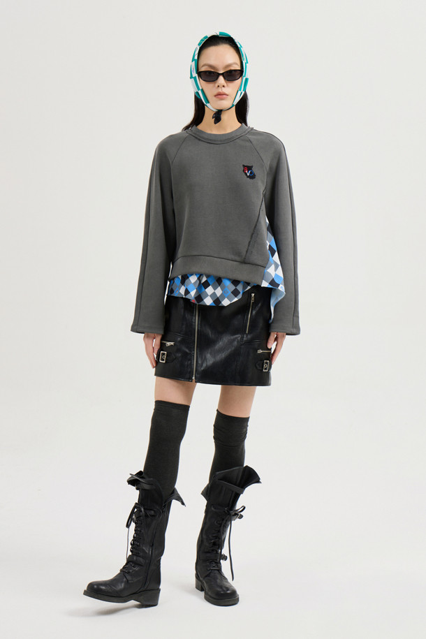 LUCKY CHOUETTE - 스웻셔츠 - Checkered Print Color Sweatshirt (dark grey)