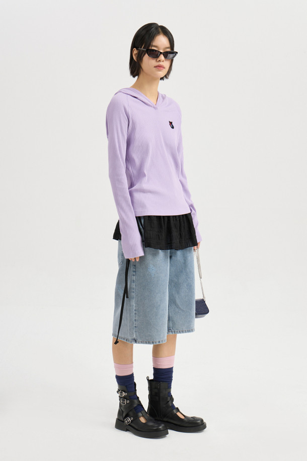 LUCKY CHOUETTE - 후디 - [Re-Order] Embroidered Point Rib Hooded T-shirt (violet)