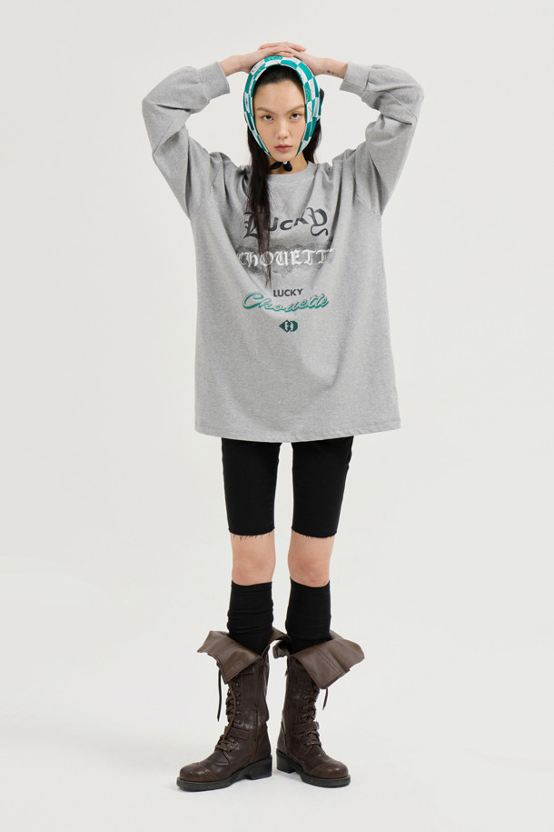 LUCKY CHOUETTE - 긴소매 티셔츠 - Print Point Long Length Long-Sleeved T-Shirt (melange grey)