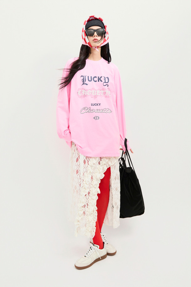 LUCKY CHOUETTE - 긴소매 티셔츠 - Print Point Long Length Long-Sleeved T-Shirt (pink)