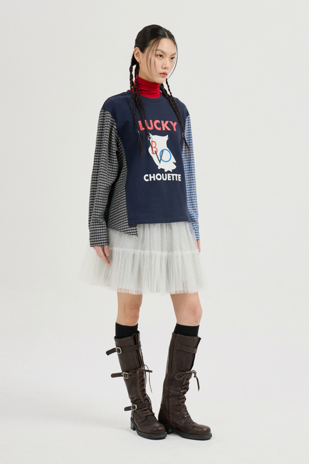 LUCKY CHOUETTE - 긴소매 티셔츠 - Checkered Sleeve MIX Long-Sleeved T-Shirt (dark navy)