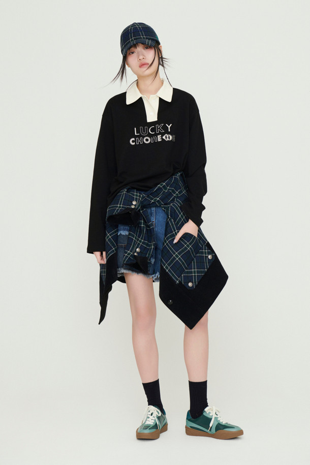 LUCKY CHOUETTE - 긴소매 티셔츠 - Embroidered Point Collar Long-sleeved T-shirt (black)