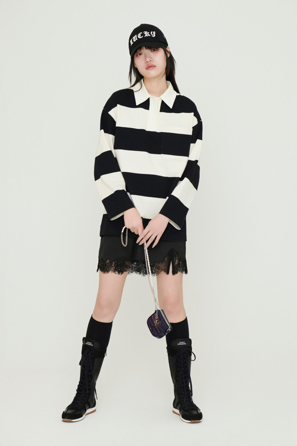 LUCKY CHOUETTE - 긴소매 티셔츠 - Stripe Collar Long Sleeve T-shirt (black)