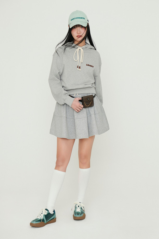 LUCKY CHOUETTE - 후디 - Embroidery Point Cropped Hoodie  T-shirt (melange grey)