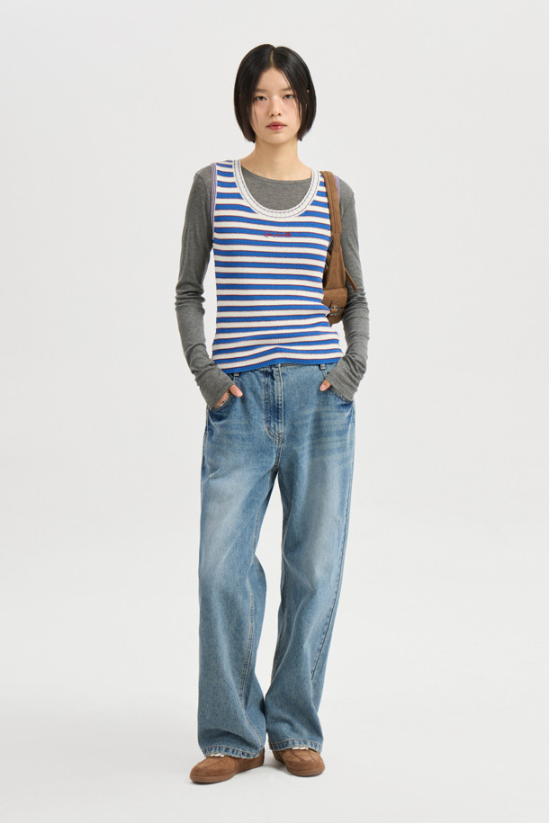 LUCKY CHOUETTE - 스웨터 - Stripe Knit Sleeveless Pullover (blue)