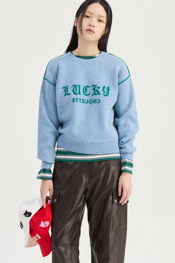 LUCKY CHOUETTE - 스웨터 - Reversible Lettering Round Neck Knit Pullover (blue)