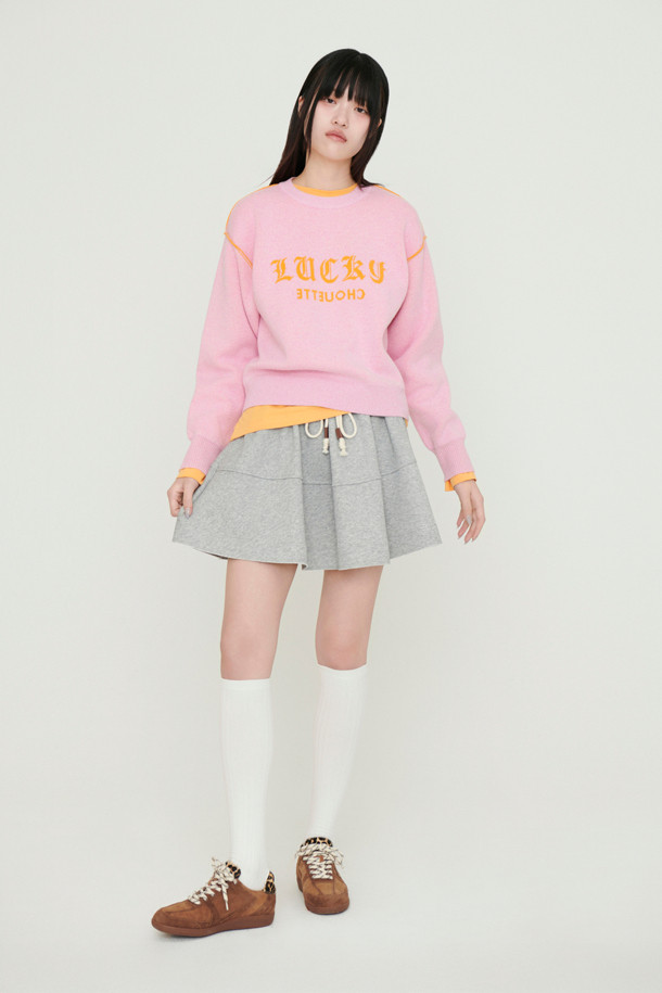 LUCKY CHOUETTE - 스웨터 - Reversible Lettering Round Neck Knit Pullover (pink)