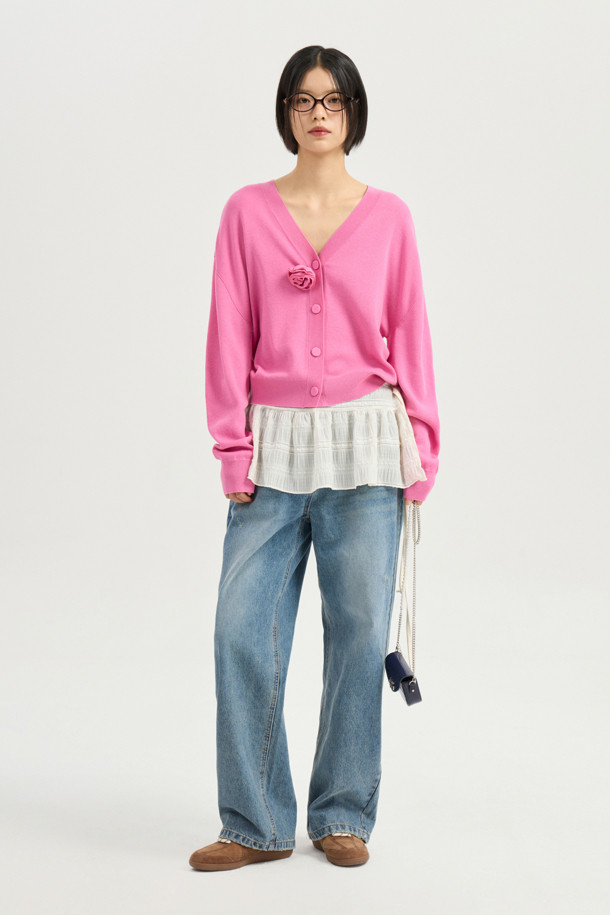 LUCKY CHOUETTE - 가디건 - Double Emblem Embroidery V Neck Knit Cardigan (pink)