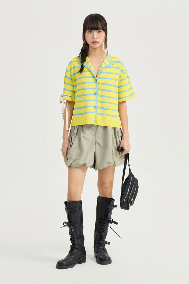LUCKY CHOUETTE - 가디건 - Stripe Ribbon Half Sleeve Knit Cardigan (yellow)