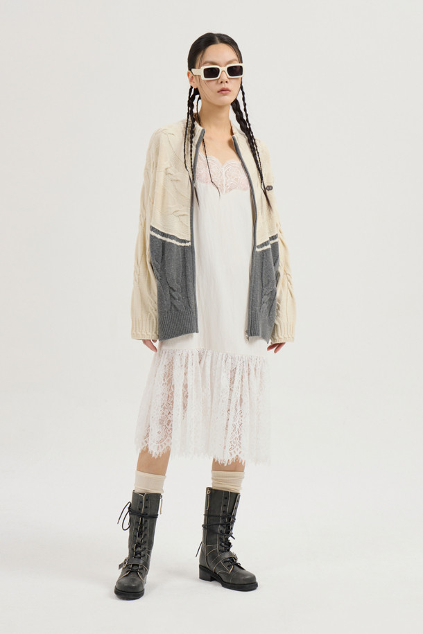 LUCKY CHOUETTE - 가디건 - Half Colored Cable Jumper-Type Knit Cardigan (ivory)