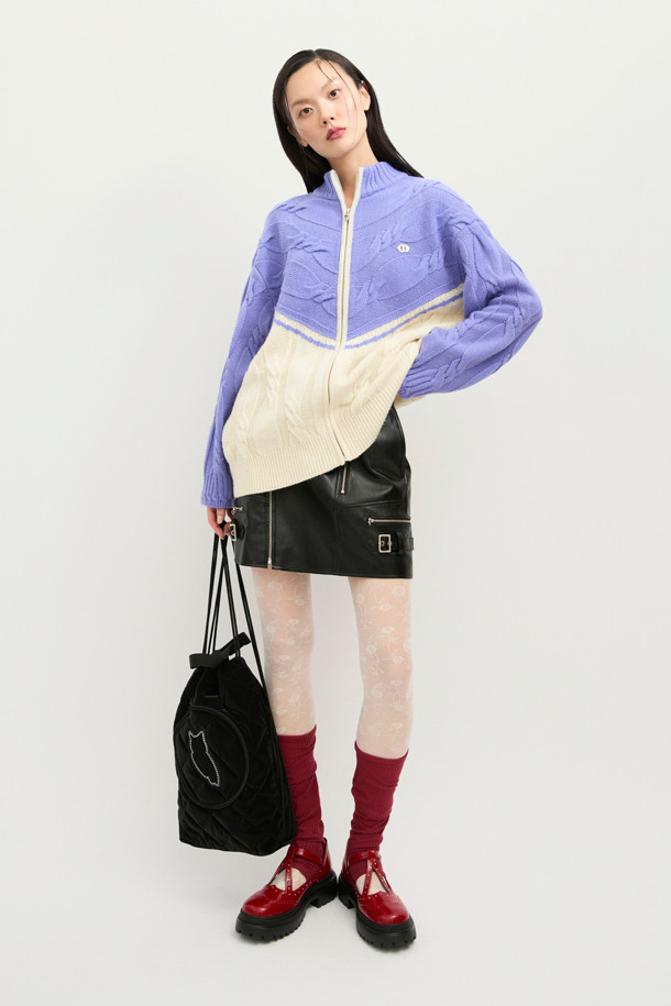 LUCKY CHOUETTE - 가디건 - Half Colored Cable Jumper-Type Knit Cardigan (violet)