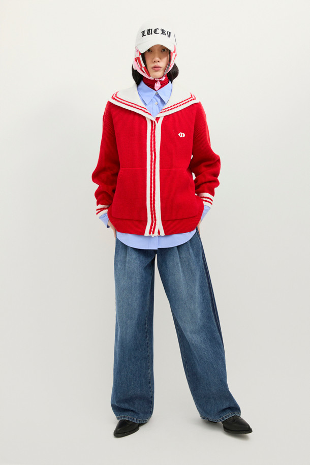 LUCKY CHOUETTE - 가디건 - Mini Sailor Knit Cardigan (red)