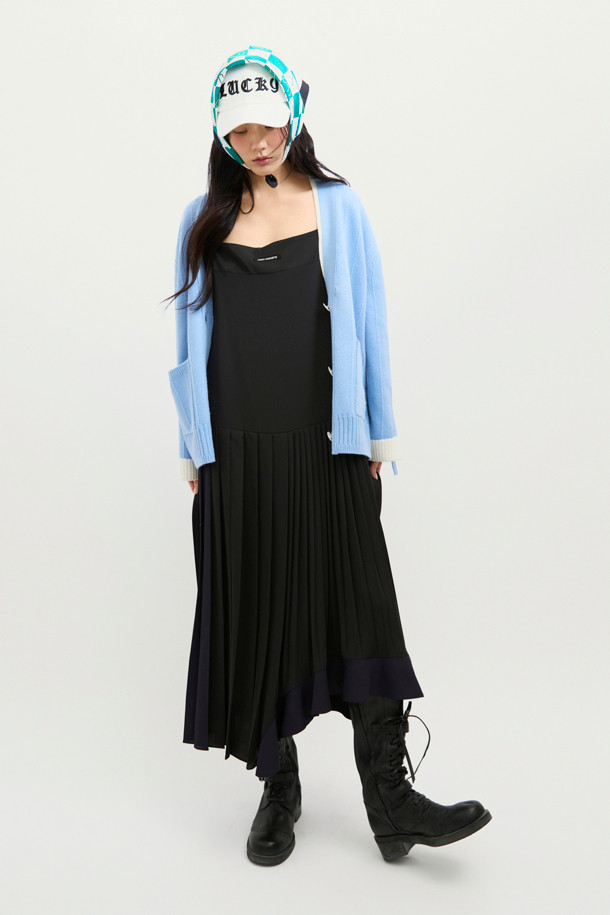 LUCKY CHOUETTE - 가디건 - Sleeve Ribbon Detail V-Neck Cardigan (blue)