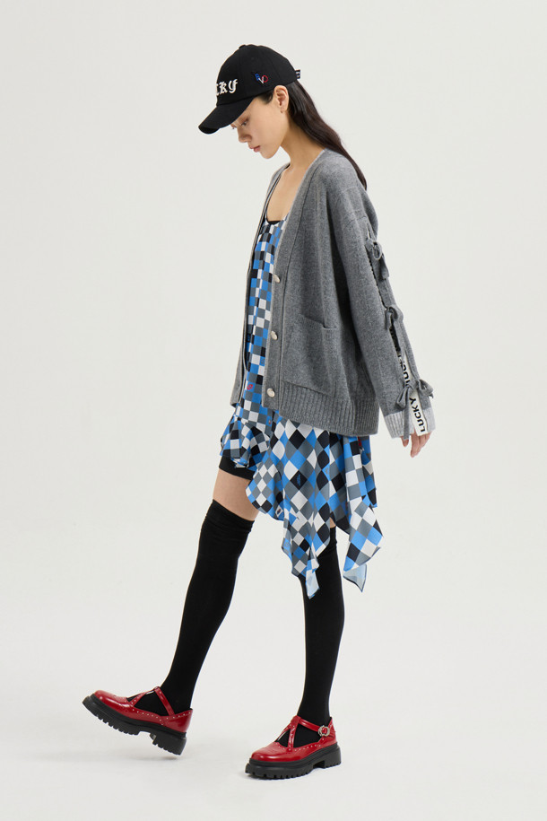 LUCKY CHOUETTE - 가디건 - Sleeve Ribbon Detail V-Neck Cardigan (melange grey)