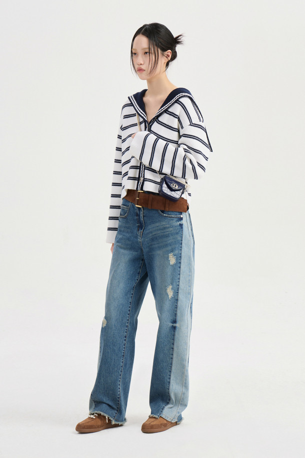 LUCKY CHOUETTE - 가디건 - Stripe Crop Knit Cardigan (ivory)