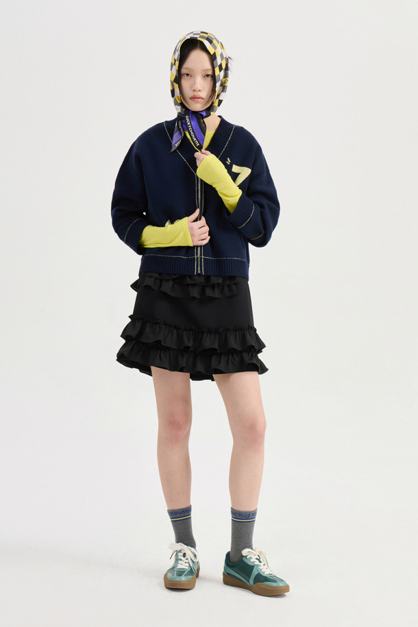 LUCKY CHOUETTE - 가디건 - V-neck Zip-up Knit Cardigan (dark navy)