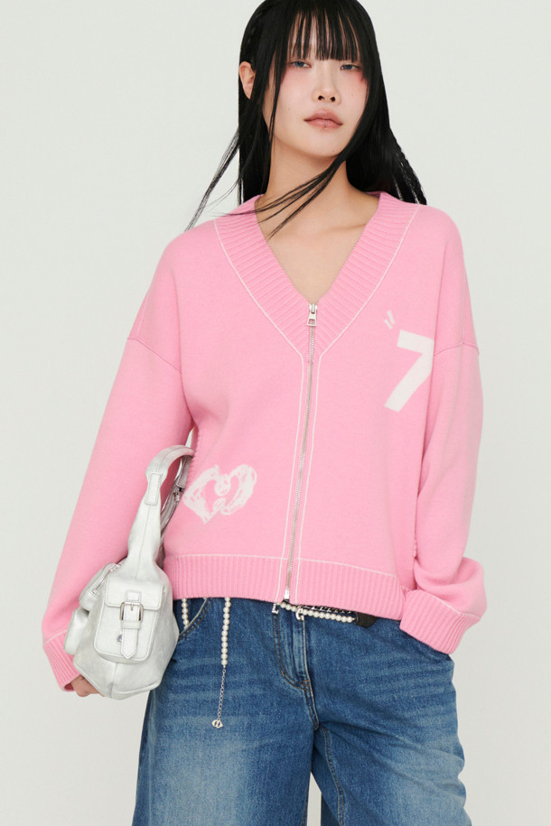 LUCKY CHOUETTE - 가디건 - V-neck Zip-up Knit Cardigan (pink)