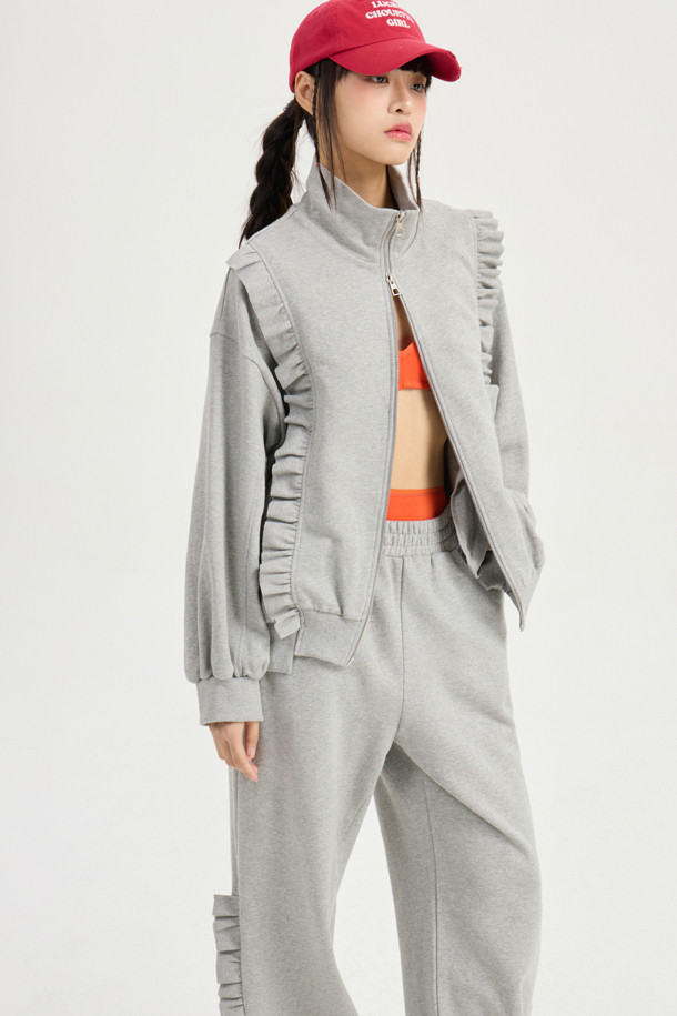 LUCKY CHOUETTE - 롱/미디팬츠 - [Online-Exclusive] Frill-pointed Jersey Banding Pants (dark grey)