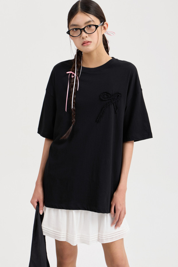 LUCKY CHOUETTE - 반소매 티셔츠 - Chouetties by LUCKY CHOUETTE_Ribbon Point Loose Fit Half Sleeve T-shirt (black)