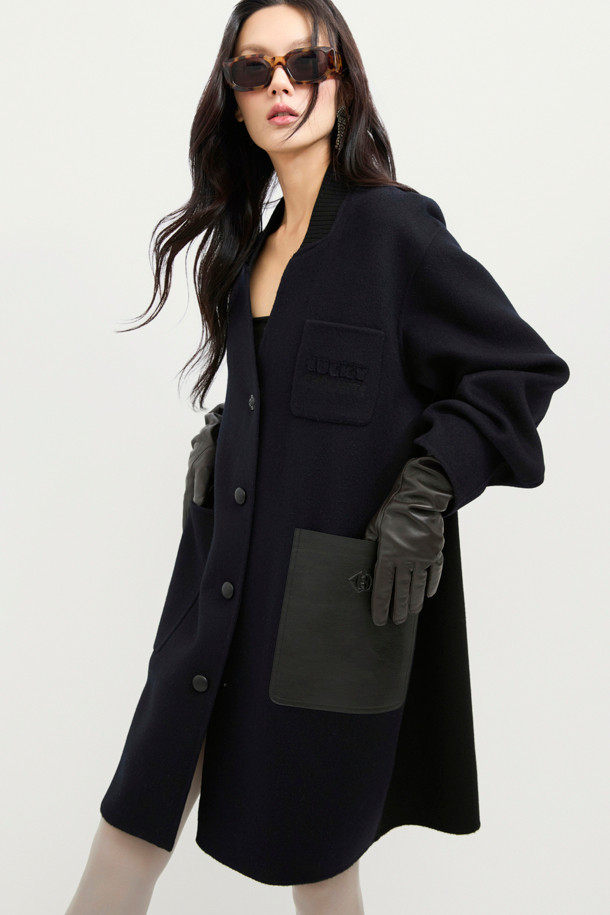 LUCKY CHOUETTE - 코트 - [Handmade] Collarless Leather Pocket Coat (dark navy)