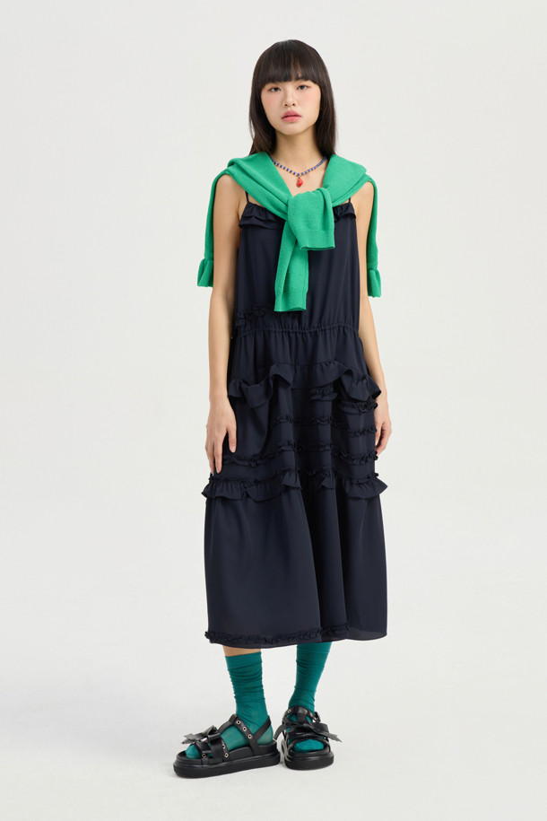 LUCKY CHOUETTE - 민소매 원피스 - Frill Slip Long Dress (dark navy)
