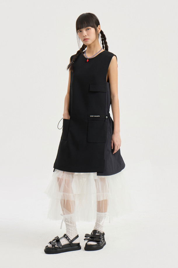 LUCKY CHOUETTE - 민소매 원피스 - Texture Mix Mini Dress (black)