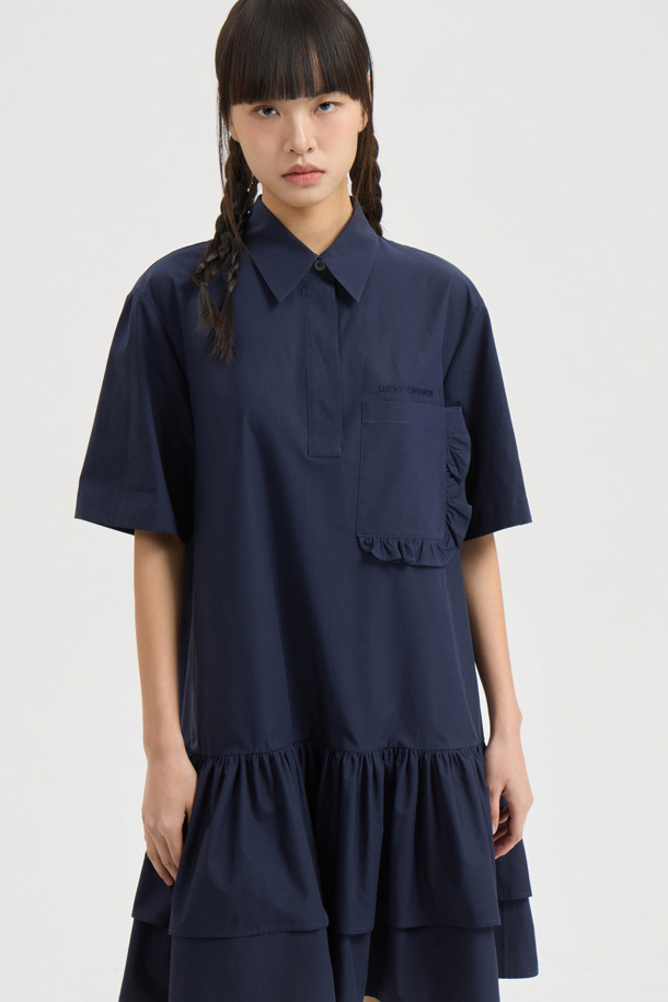 LUCKY CHOUETTE - 반소매 원피스 - Hem Frill Half Sleeve Cotton Shirt Dress (dark navy)