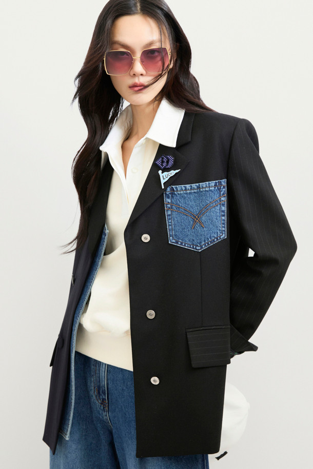 LUCKY CHOUETTE - 자켓 - [Re-Order] Denim Patch Stripe Color Jacket (black)