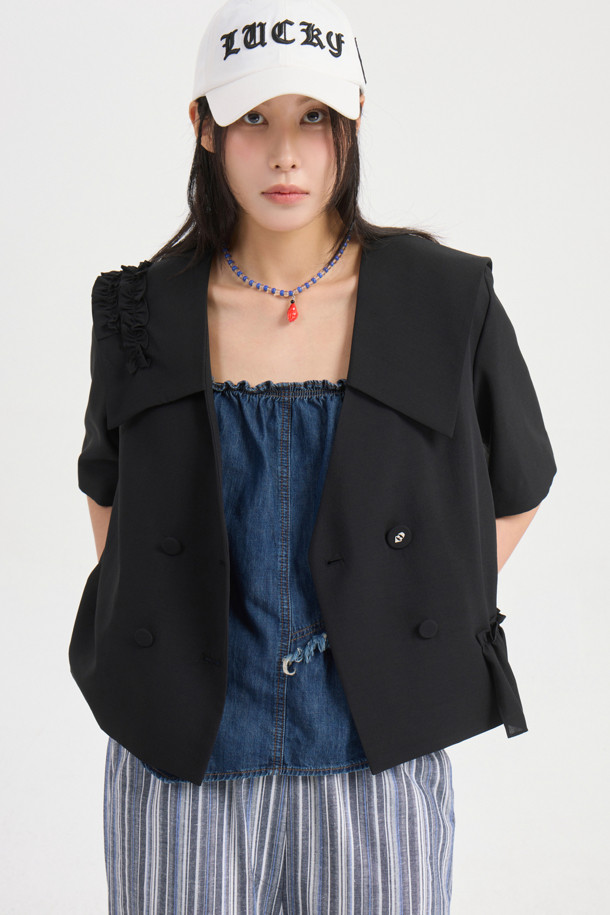Re-Order] Sailor Ruffle Half Sleeve Jacket (black)_LUCKY