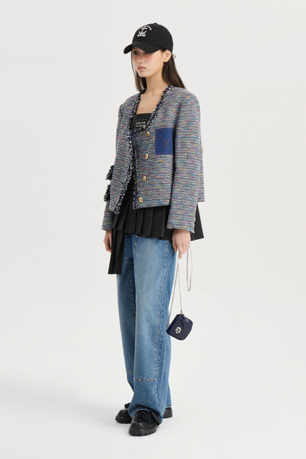 LUCKY CHOUETTE - 자켓 - [Atelier] Denim Pocket U-Neck Tweed Jacket (multi color)