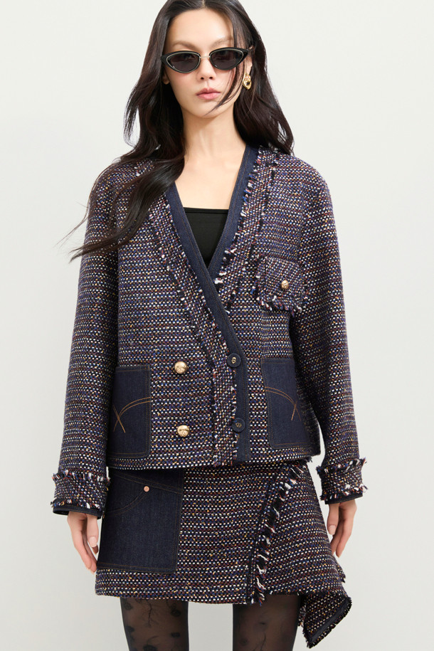 LUCKY CHOUETTE - 자켓 - Denim Patch Eyelet Pocket Tweed Jacket (dark navy)