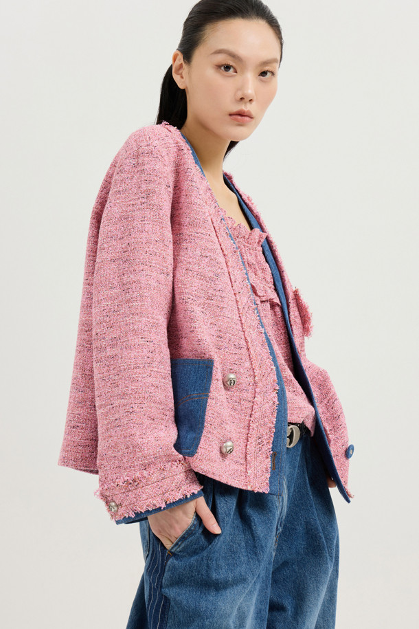 LUCKY CHOUETTE - 자켓 - Denim Patch Eyelet Pocket Tweed Jacket (pink)