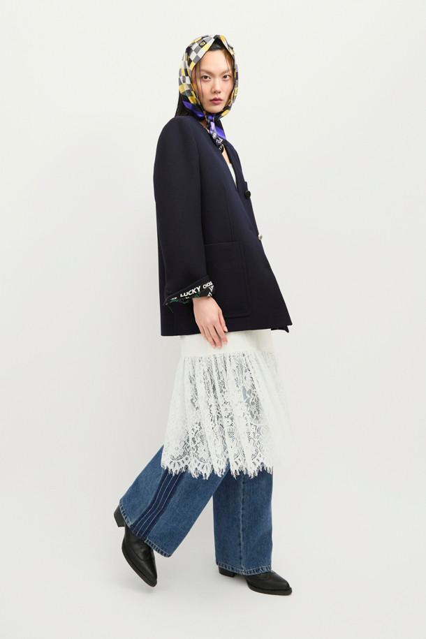 LUCKY CHOUETTE - 자켓 - V-neck Collarless Half Jacket (dark navy)