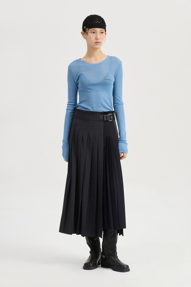 LUCKY CHOUETTE -  - [Re-Order][Atelier] Check Solid Mix Long Pleats Skirt (grey)