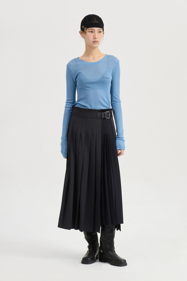 LUCKY CHOUETTE - 롱스커트 - [Atelier] Check Solid Mix Long Pleats Skirt (grey)