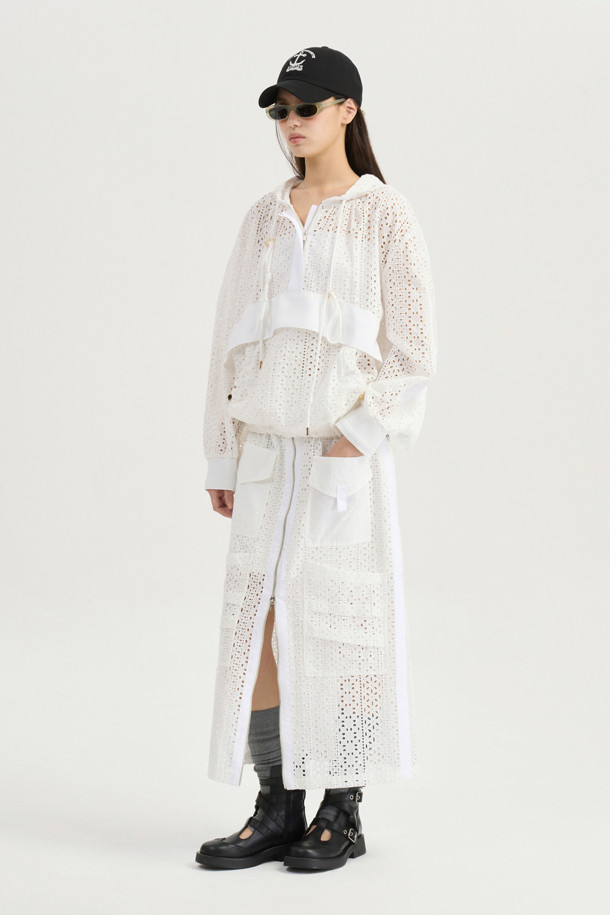 LUCKY CHOUETTE - 롱스커트 - [Atelier] Eyelet Lace Back Banding Long Skirt (white)