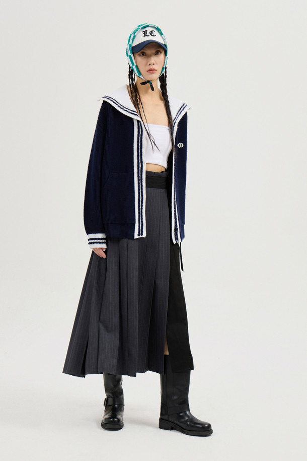 LUCKY CHOUETTE - 롱스커트 - Solid Stripe MIX Pleated Long Skirt (black)