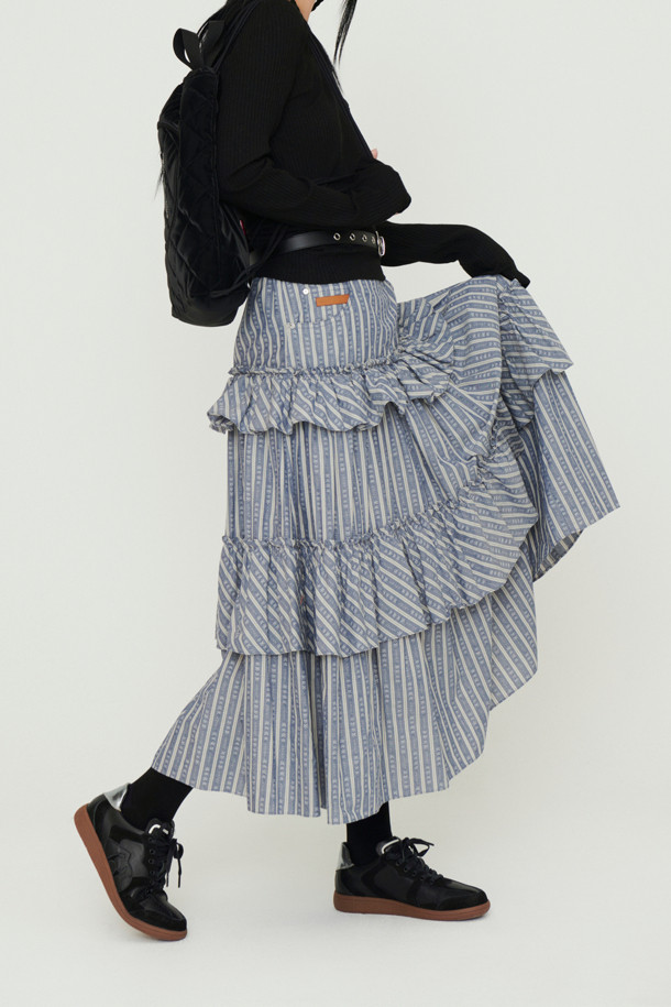 LUCKY CHOUETTE - 롱스커트 - Shirring Stripe Back Banding Long Skirt (blue)